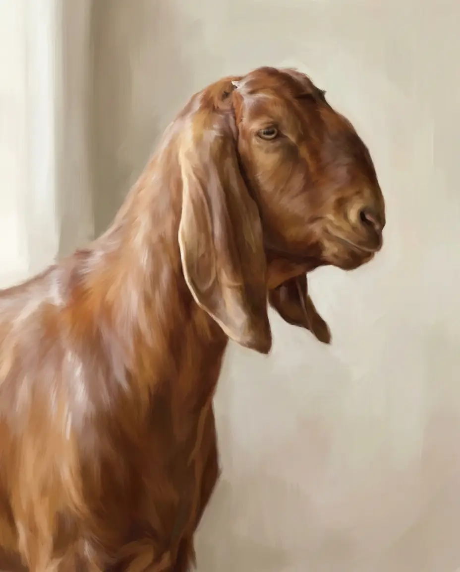 Tall Shami (Damascus) dairy goat with a convex profile