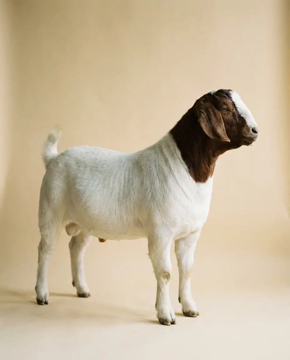 Muscular Boer meat goat, brown head on white body